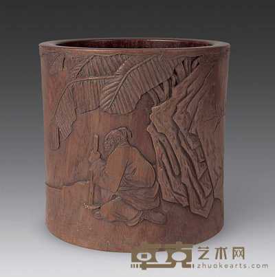 清 花梨木刻人物笔筒 高16.5cm